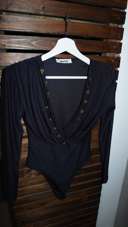 Body nero con spalline Charms cuori sacri